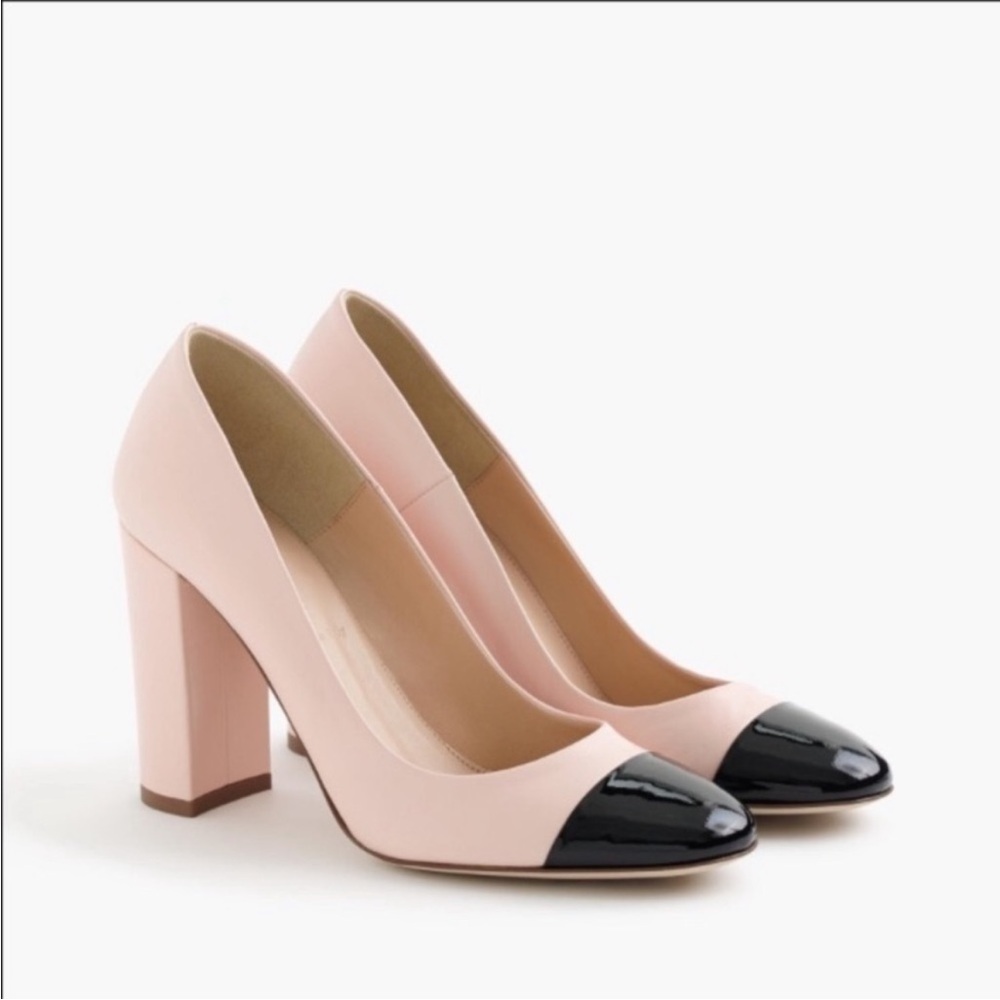 J. Crew Lena Blush Leather Heeled Pump 7 Black Patent Cap Toe Made in Italy